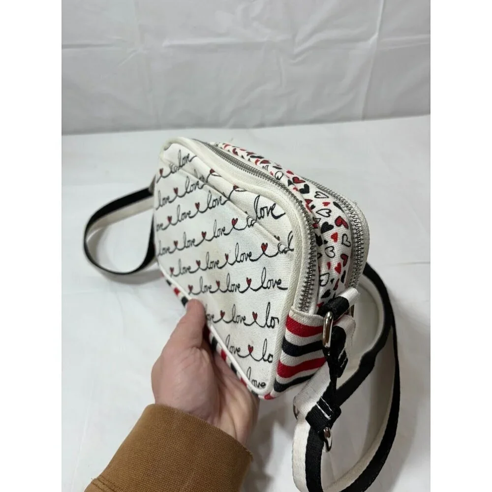 Brighton Love Scroll Cross Body Bag Canvas White Black Red Hearts